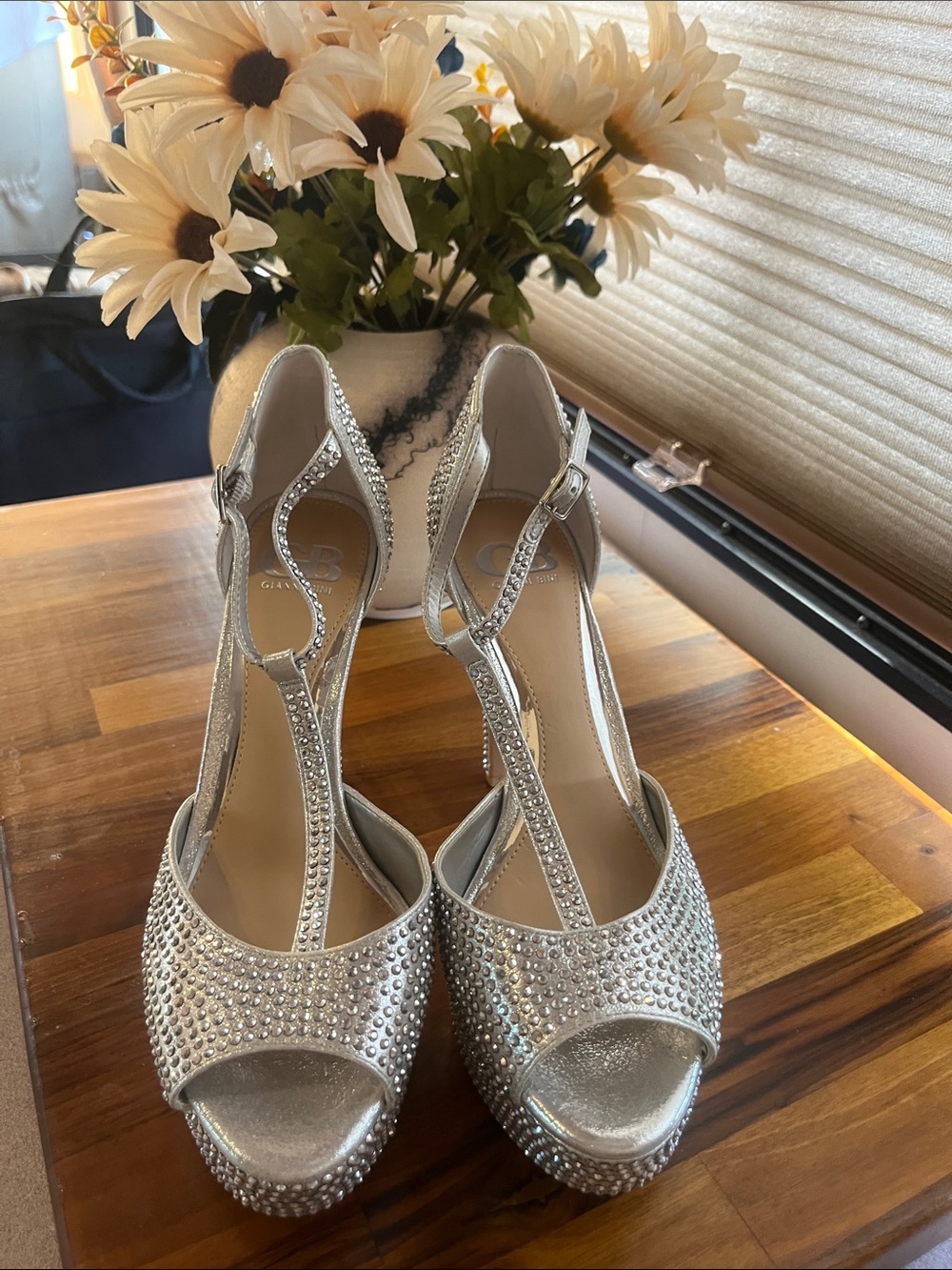 NEW!!Embellished Silver T-Strap Platform Heels - Women's Dress Shoes